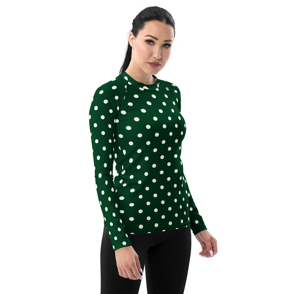 Women's Forest Green Polka Dot Long Sleeve Rash Guard Swim Shirt – Buttery Soft, Sun Safe UPF 50+ Protection, Quick Dry & 4-Way Stretch Comfort