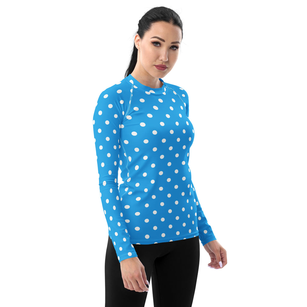 Women's Sky Blue Polka Dot Long Sleeve Rash Guard Swim Shirt – Buttery Soft, Sun Safe UPF 50+ Protection, Quick Dry & 4-Way Stretch Comfort