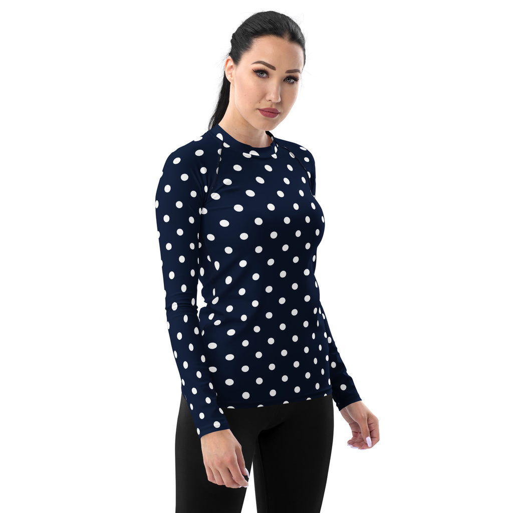 Women's Navy Blue Polka Dot Long Sleeve Rash Guard Swim Shirt – Buttery Soft, Sun Safe UPF 50+ Protection, Quick Dry & 4-Way Stretch Comfort
