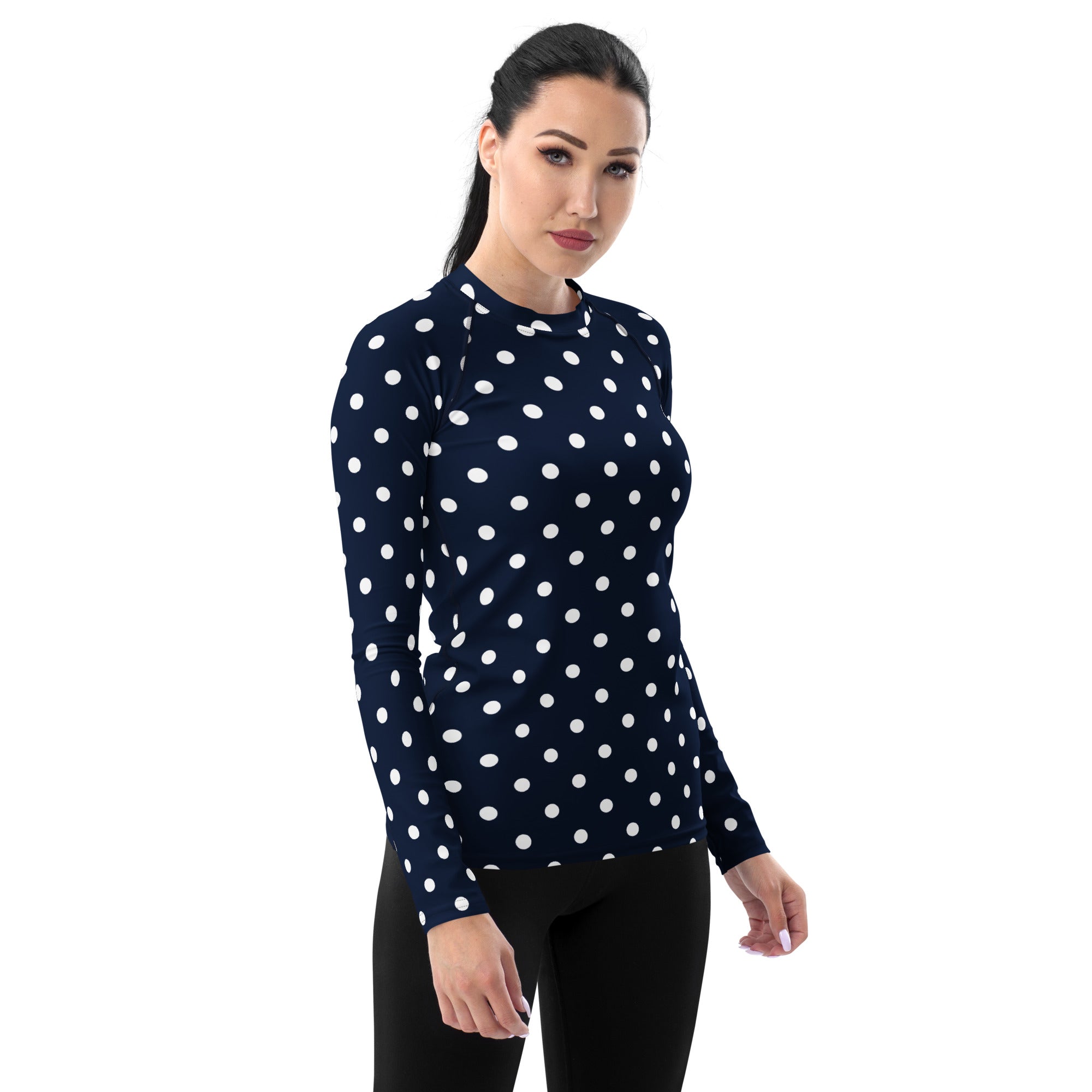 Women's Navy Blue Polka Dot Long Sleeve Rash Guard Swim Shirt – Buttery Soft, Sun Safe UPF 50+ Protection, Quick Dry & 4-Way Stretch Comfort