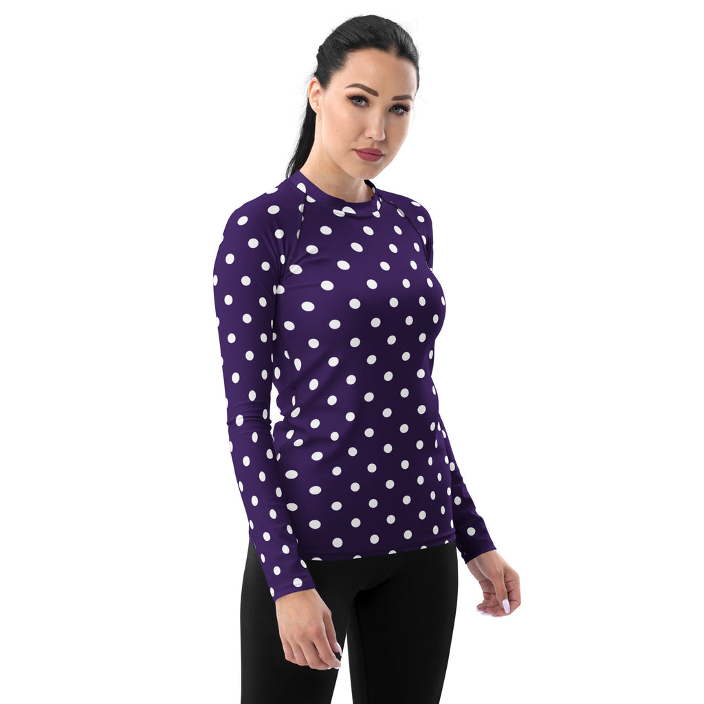 Women's Dark Purple Polka Dot Long Sleeve Rash Guard Swim Shirt – Buttery Soft, Sun Safe UPF 50+ Protection, Quick Dry & 4-Way Stretch Comfort