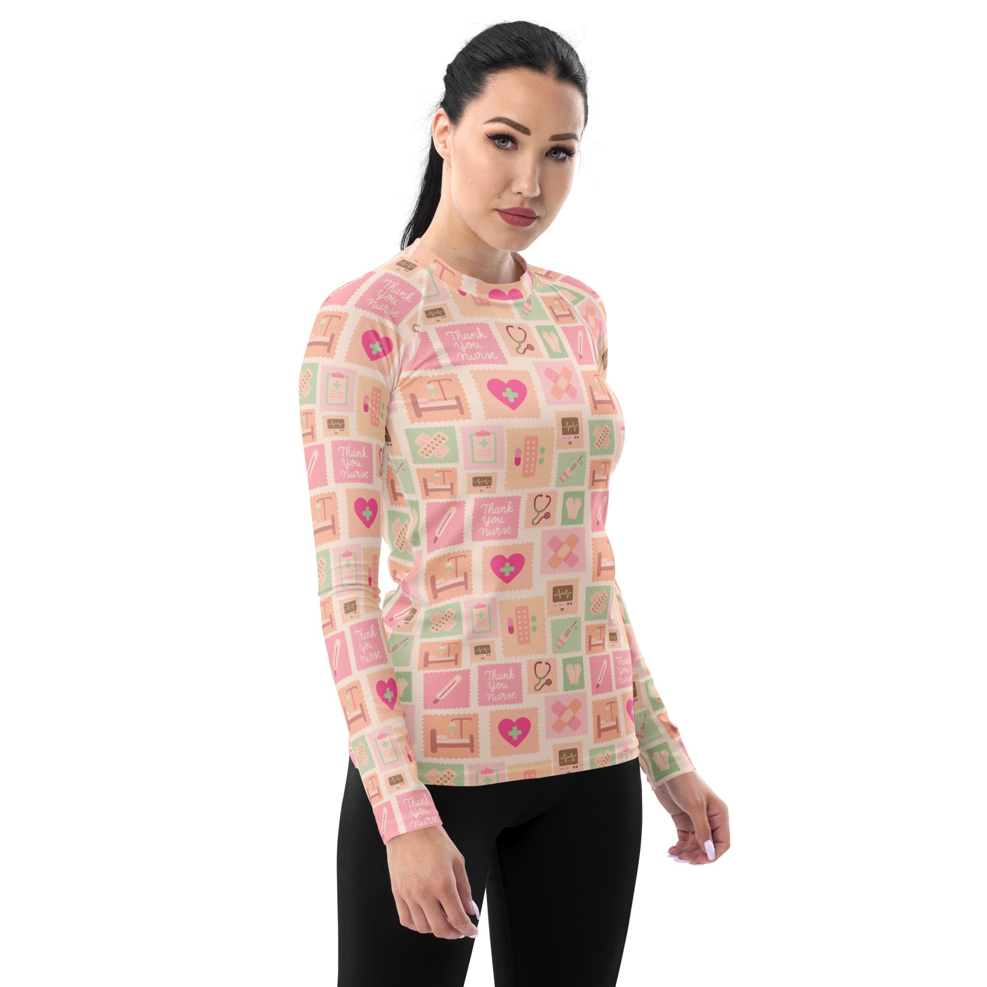 Women's Pink Nurse Icon Long Sleeve Rash Guard Swim Shirt – Buttery Soft, Sun Safe UPF 50+ Protection, Quick Dry & 4-Way Stretch Comfort