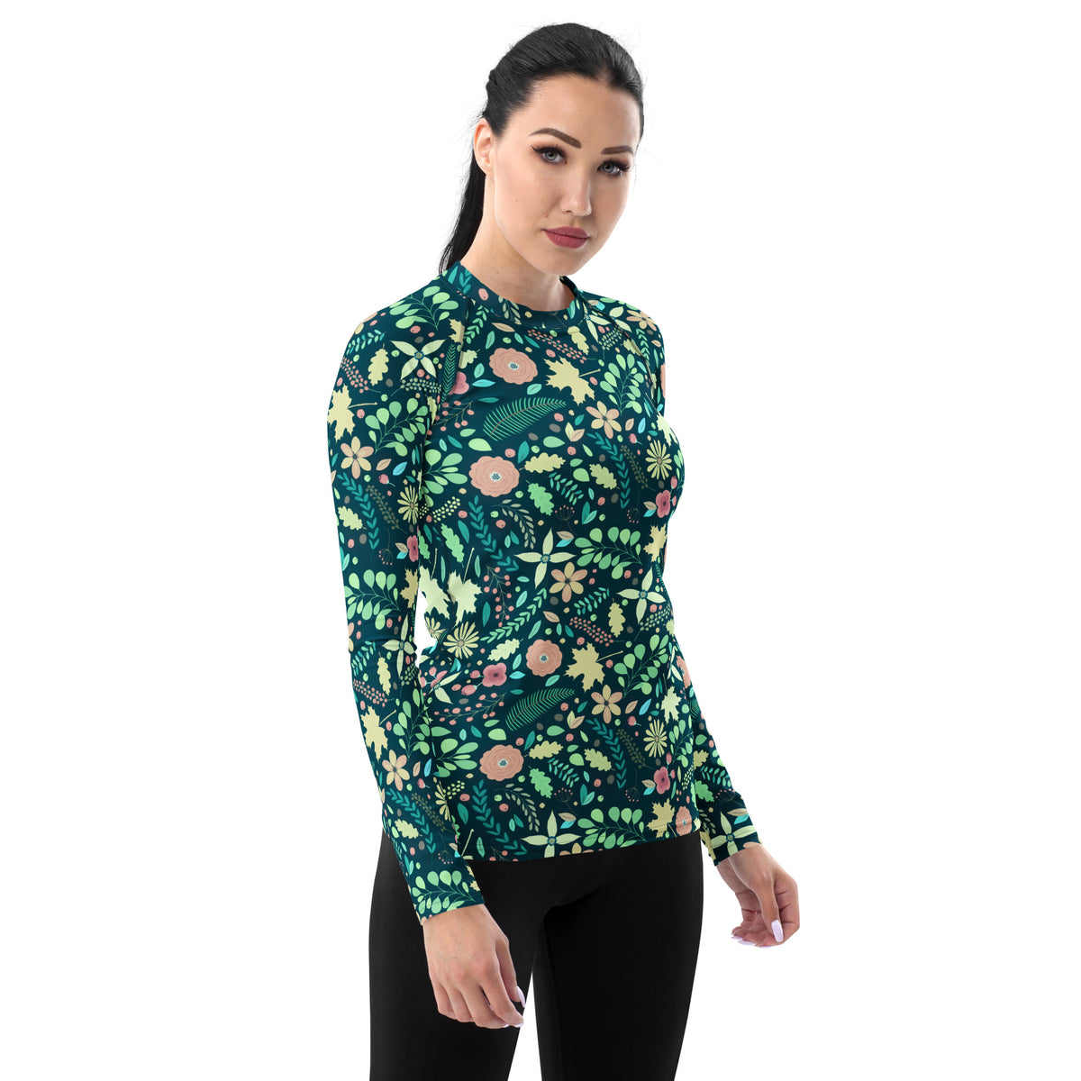 Women's Dark Green Floral Long Sleeve Rash Guard Swim Shirt – Buttery Soft, Sun Safe UPF 50+ Protection, Quick Dry & 4-Way Stretch Comfort