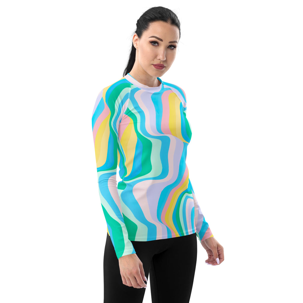 Women's Abstract Green Wavy Stripes Long Sleeve Rash Guard Swim Shirt – Buttery Soft, Sun Safe UPF 50+ Protection, Quick Dry & 4-Way Stretch Comfort