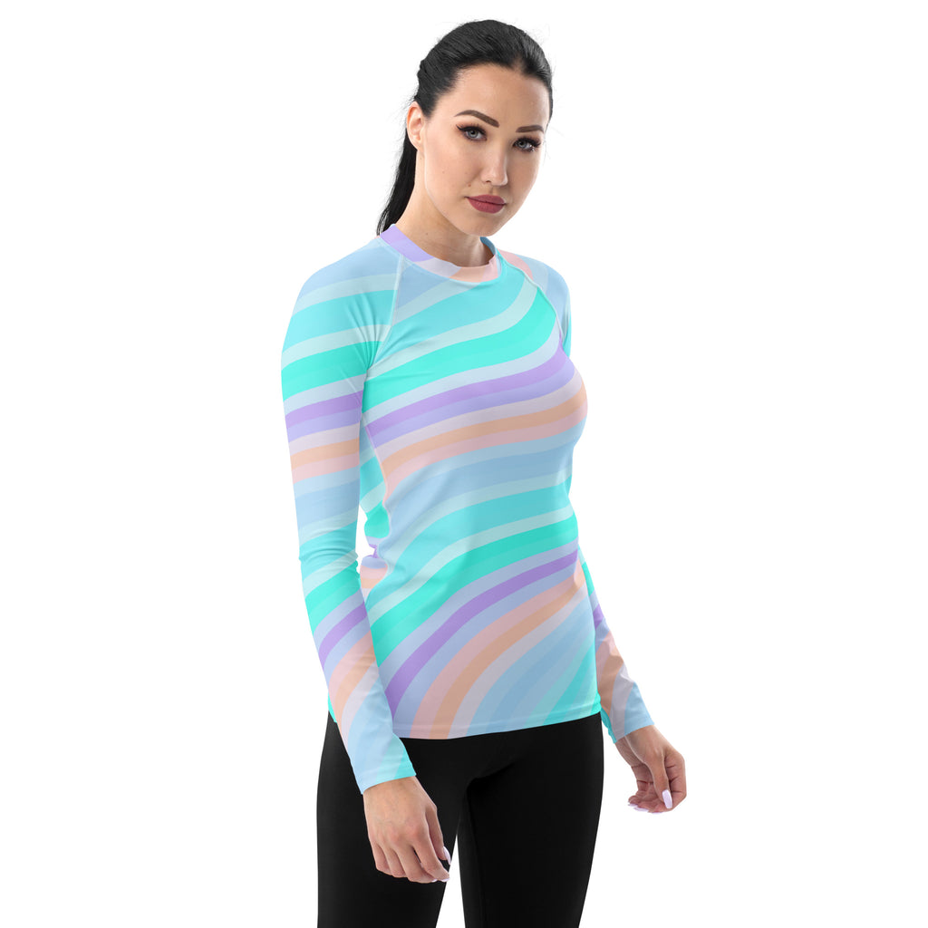 Women's Pastel Ocean Wave Long Sleeve Rash Guard Swim Shirt – Buttery Soft, Sun Safe UPF 50+ Protection, Quick Dry & 4-Way Stretch Comfort