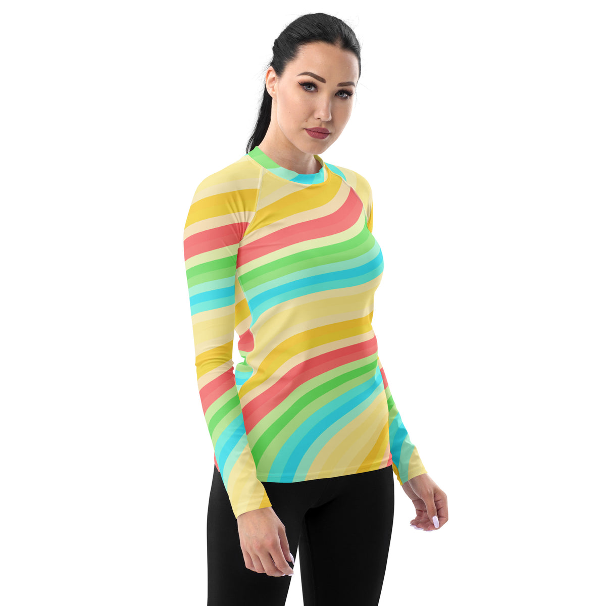 Women's Summer Rainbow Wave Long Sleeve Rash Guard Swim Shirt – Buttery Soft, Sun Safe UPF 50+ Protection, Quick Dry & 4-Way Stretch Comfort