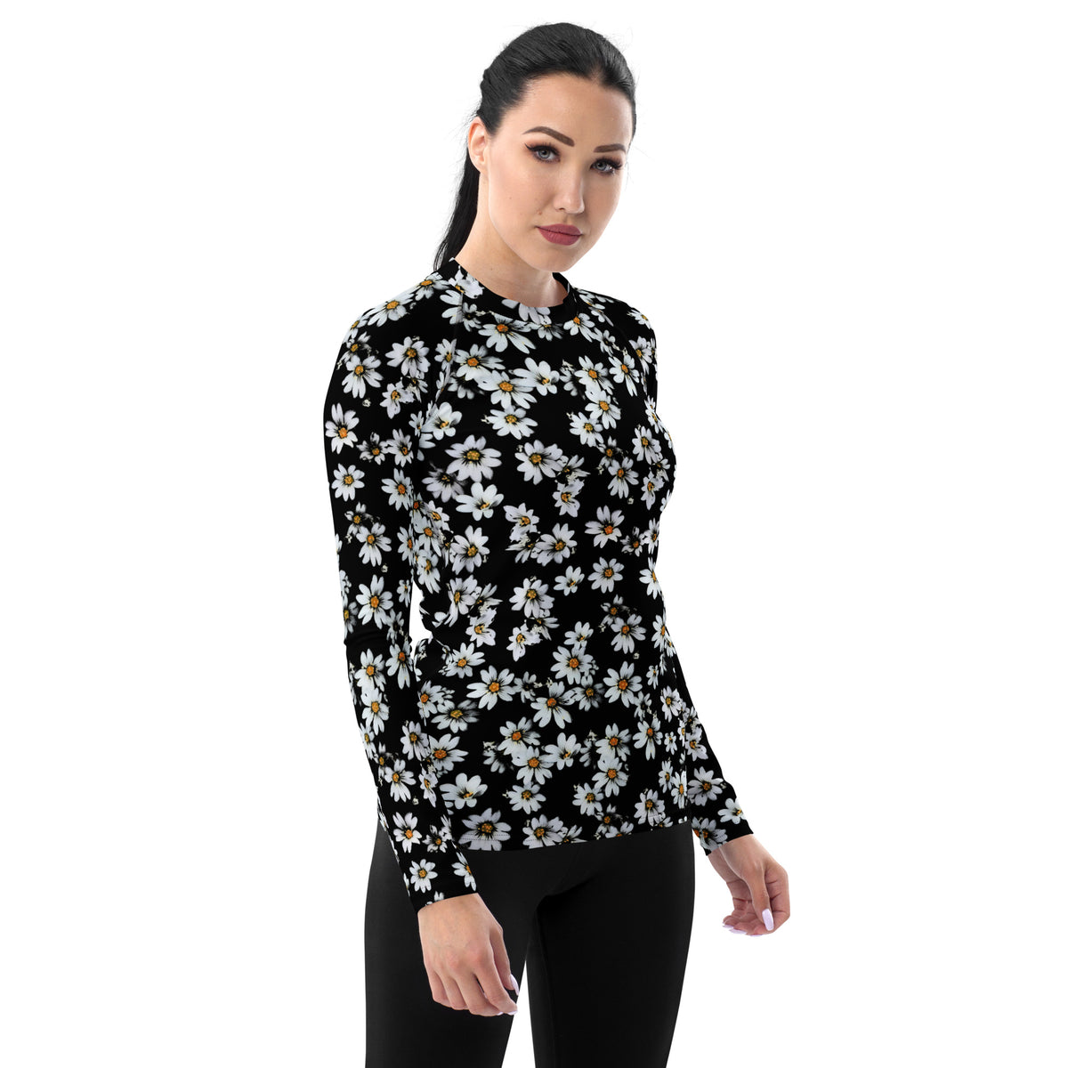 Women's Black Daisy Long Sleeve Rash Guard Swim Shirt – Buttery Soft, Sun Safe UPF 50+ Protection, Quick Dry & 4-Way Stretch Comfort