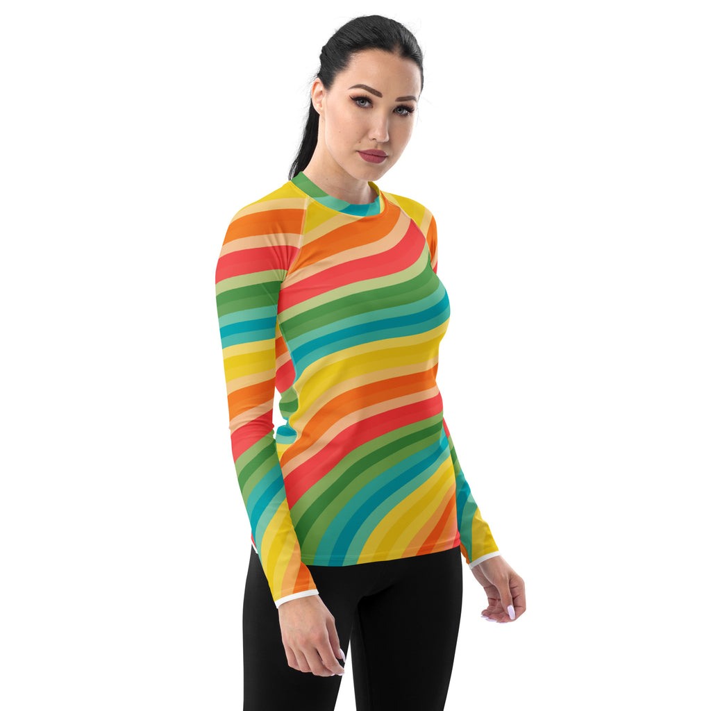 Women's Retro Rainbow Wave Long Sleeve Rash Guard Swim Shirt – Buttery Soft, Sun Safe UPF 50+ Protection, Quick Dry & 4-Way Stretch Comfort