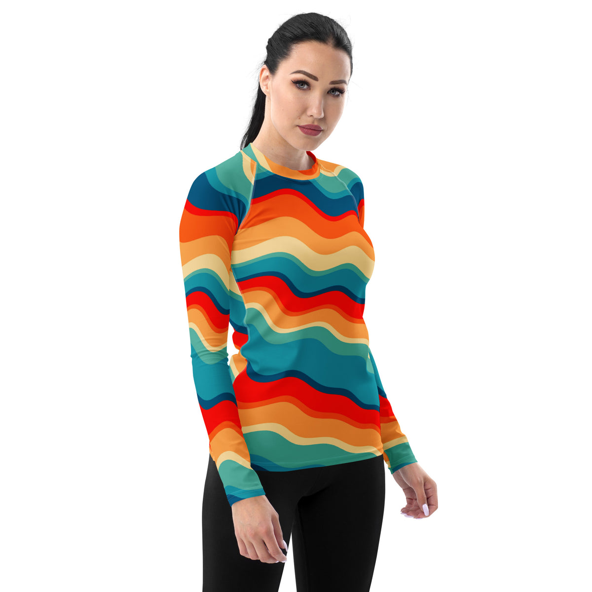 Women's Retro Wavy Stripe Long Sleeve Rash Guard Swim Shirt – Buttery Soft, Sun Safe UPF 50+ Protection, Quick Dry & 4-Way Stretch Comfort