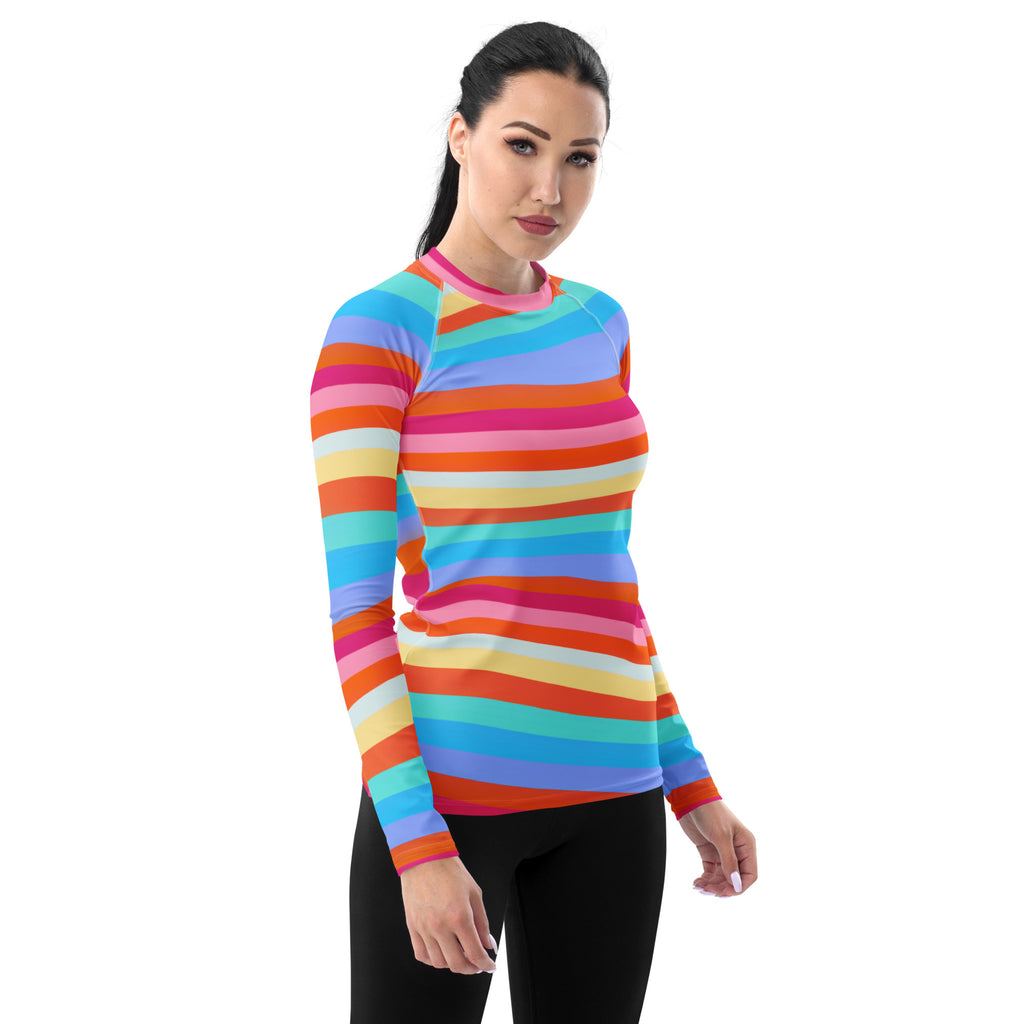 Women's Colorful Wavy Sand Stripe Long Sleeve Rash Guard Swim Shirt – Buttery Soft, Sun Safe UPF 50+ Protection, Quick Dry & 4-Way Stretch Comfort