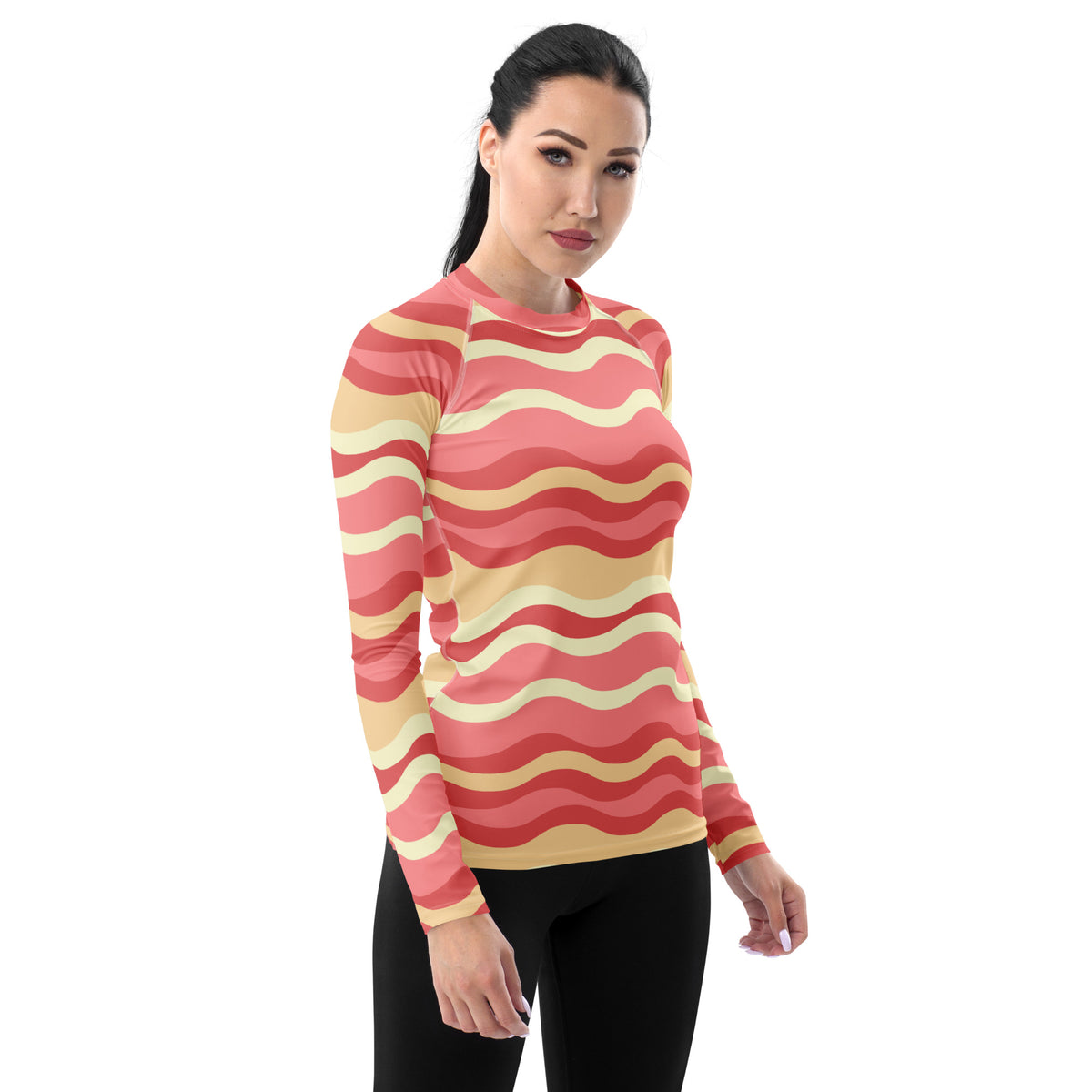 Women's Pink Wavy Stripe Long Sleeve Rash Guard Swim Shirt – Buttery Soft, Sun Safe UPF 50+ Protection, Quick Dry & 4-Way Stretch Comfort
