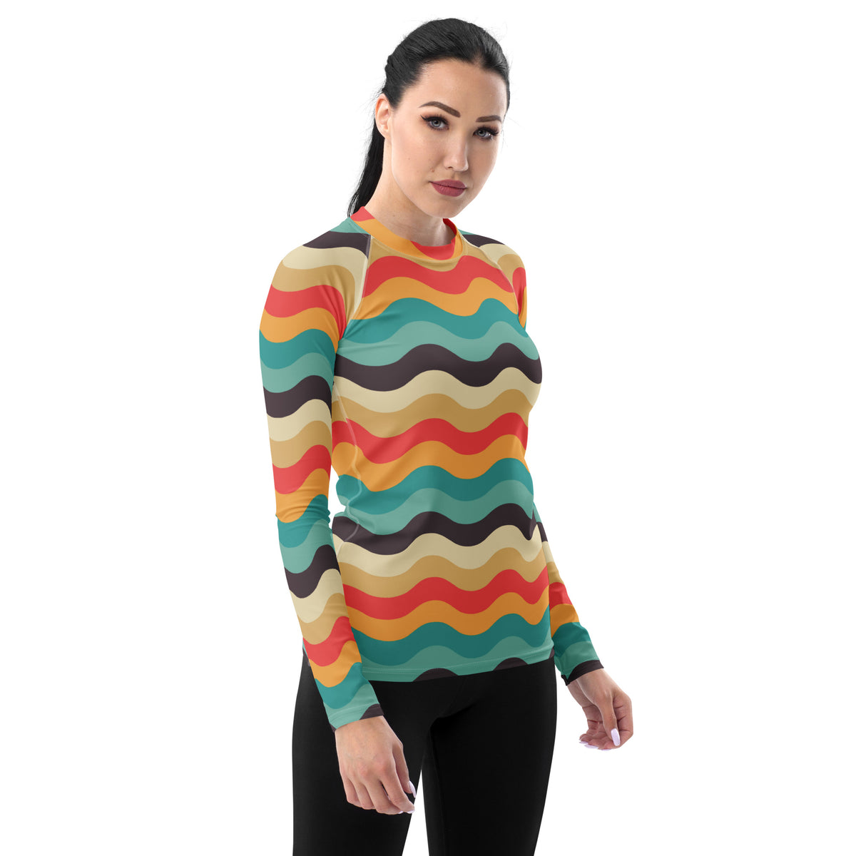 Women's Teal Coral Orange Wavy Stripe Long Sleeve Rash Guard Swim Shirt – Buttery Soft, Sun Safe UPF 50+ Protection, Quick Dry & 4-Way Stretch Comfort