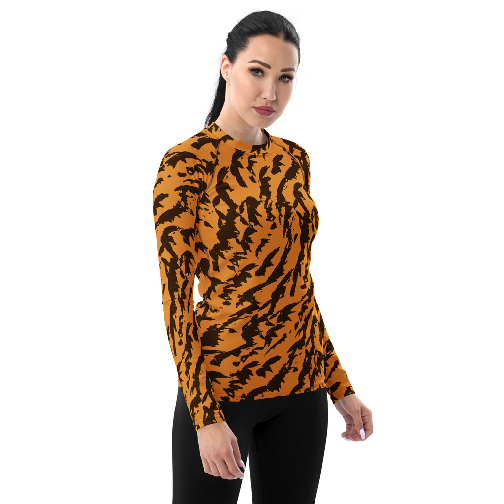 Women's Orange Tiger Print Long Sleeve Rash Guard Swim Shirt – Buttery Soft, Sun Safe UPF 50+ Protection, Quick Dry & 4-Way Stretch Comfort