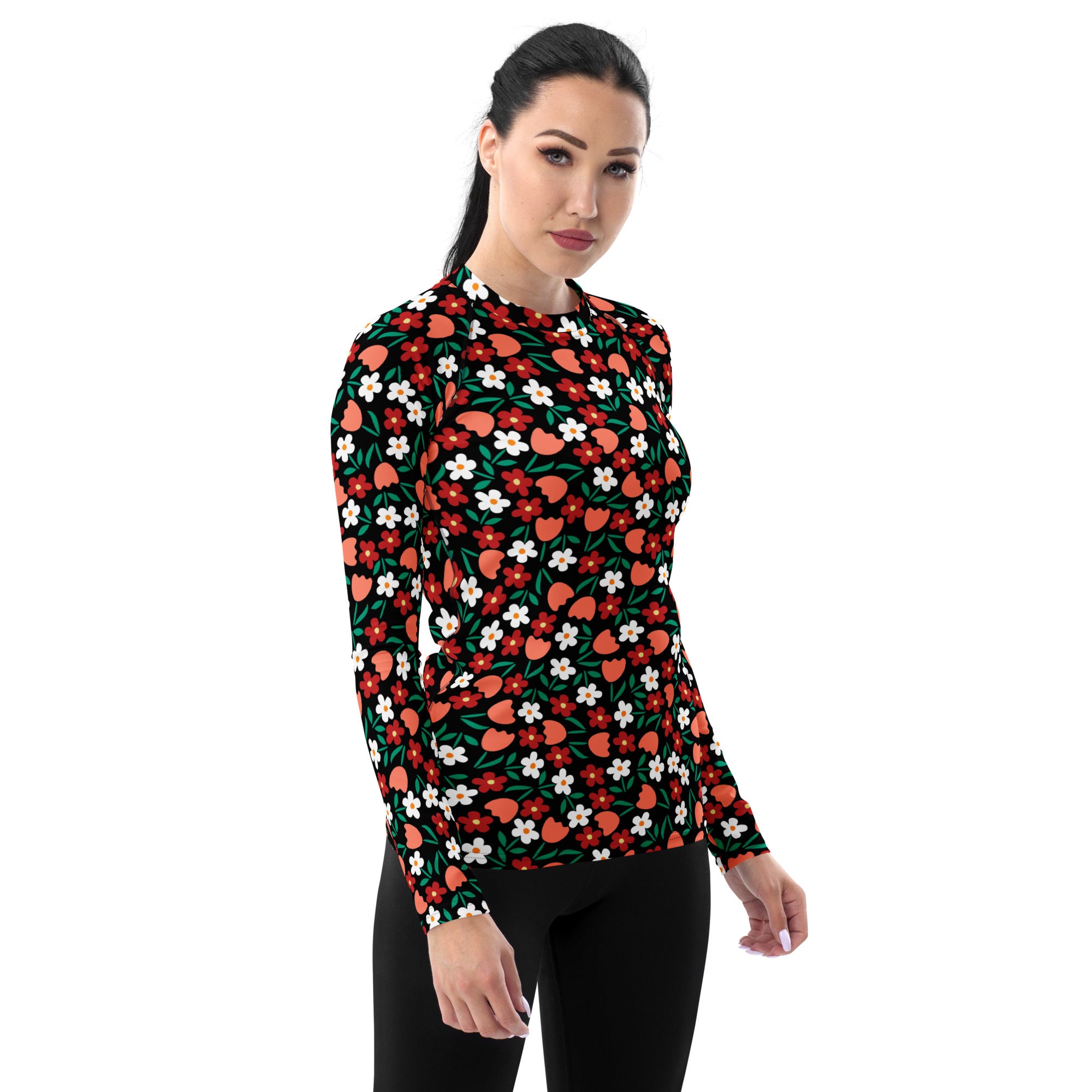 Women's Red Coral & White Flower Long Sleeve Rash Guard Swim Shirt – Buttery Soft, Sun Safe UPF 50+ Protection, Quick Dry & 4-Way Stretch Comfort