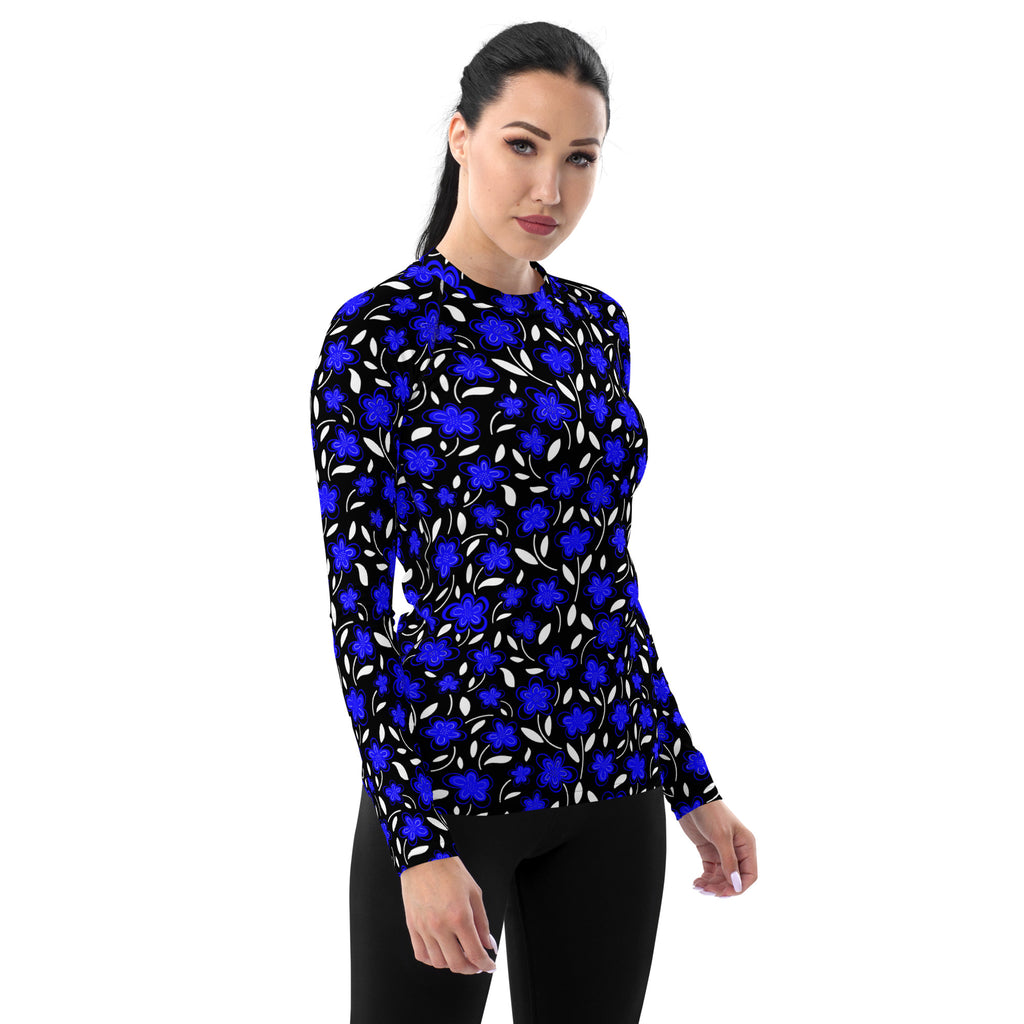 Women's Blue Floral Long Sleeve Rash Guard Swim Shirt – Buttery Soft, Sun Safe UPF 50+ Protection, Quick Dry & 4-Way Stretch Comfort