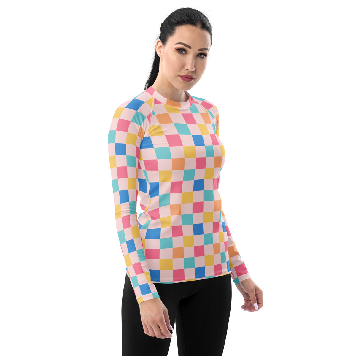 Women's Colorful Pastel Pink Checkerboard Long Sleeve Rash Guard Swim Shirt – Buttery Soft, Sun Safe UPF 50+ Protection, Quick Dry & 4-Way Stretch Comfort