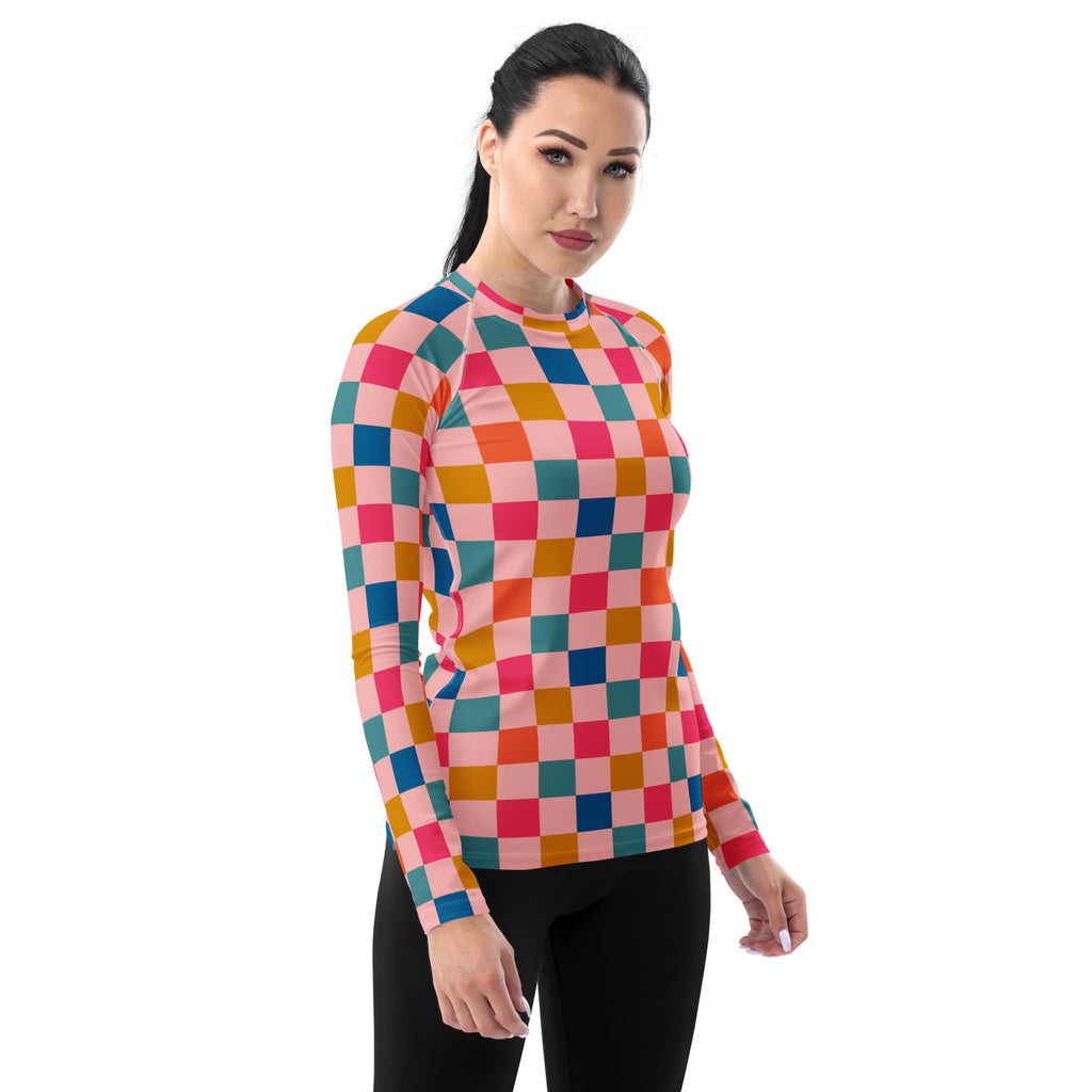 Women's Colorful Pink Checkerboard Long Sleeve Rash Guard Swim Shirt – Buttery Soft, Sun Safe UPF 50+ Protection, Quick Dry & 4-Way Stretch Comfort