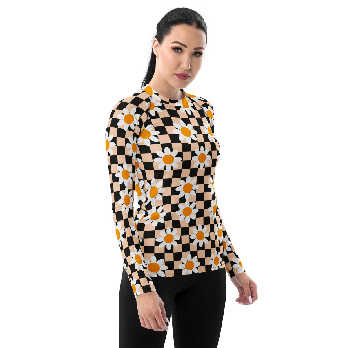 Women's Daisy Checkerboard Long Sleeve Rash Guard Swim Shirt – Buttery Soft, Sun Safe UPF 50+ Protection, Quick Dry & 4-Way Stretch Comfort