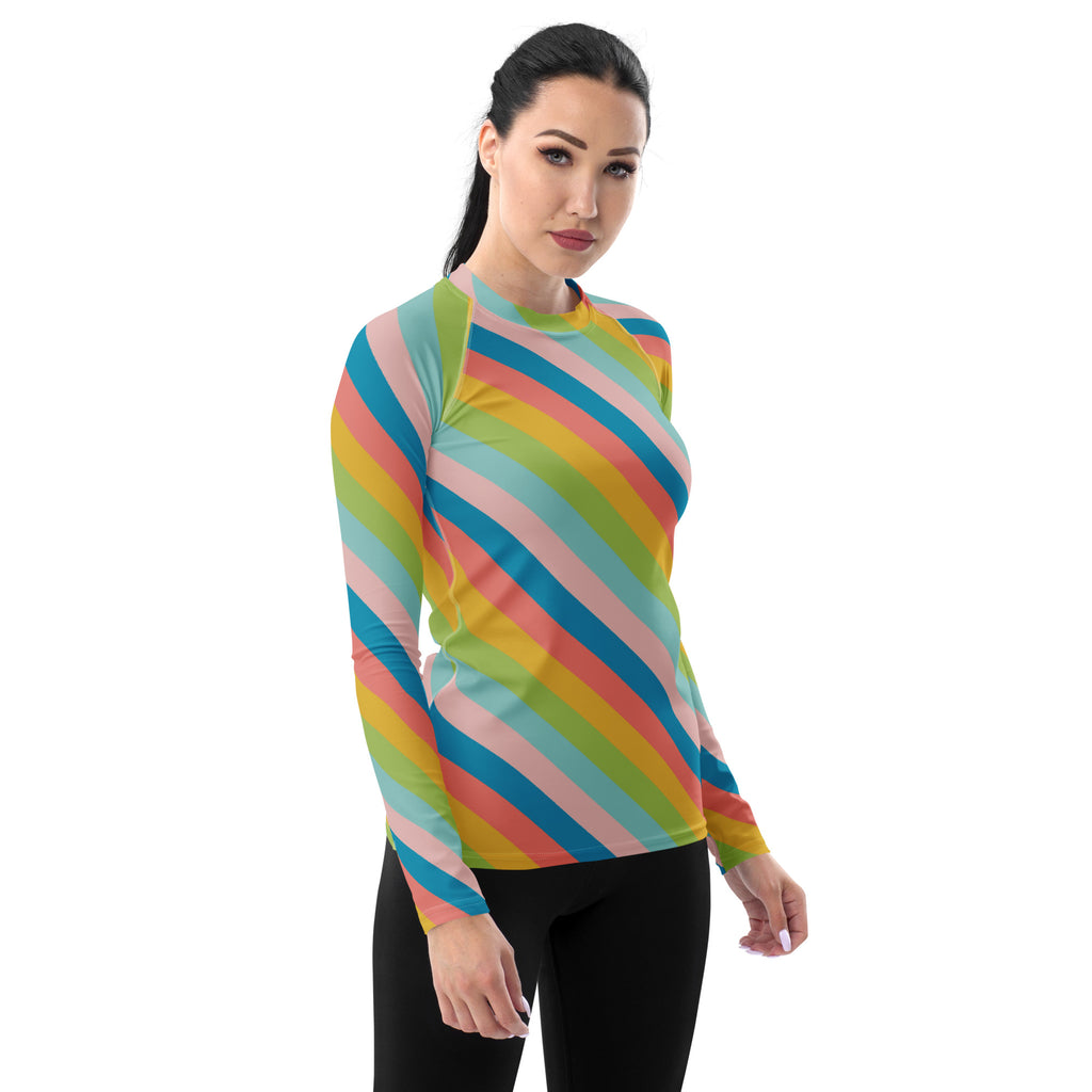 Women's Colorful Diagonal Striped Long Sleeve Rash Guard Swim Shirt – Buttery Soft, Sun Safe UPF 50+ Protection, Quick Dry & 4-Way Stretch Comfort