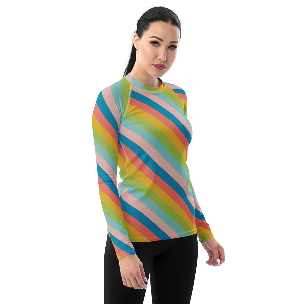 Women's Colorful Diagonal Striped Long Sleeve Rash Guard Swim Shirt – Buttery Soft, Sun Safe UPF 50+ Protection, Quick Dry & 4-Way Stretch Comfort