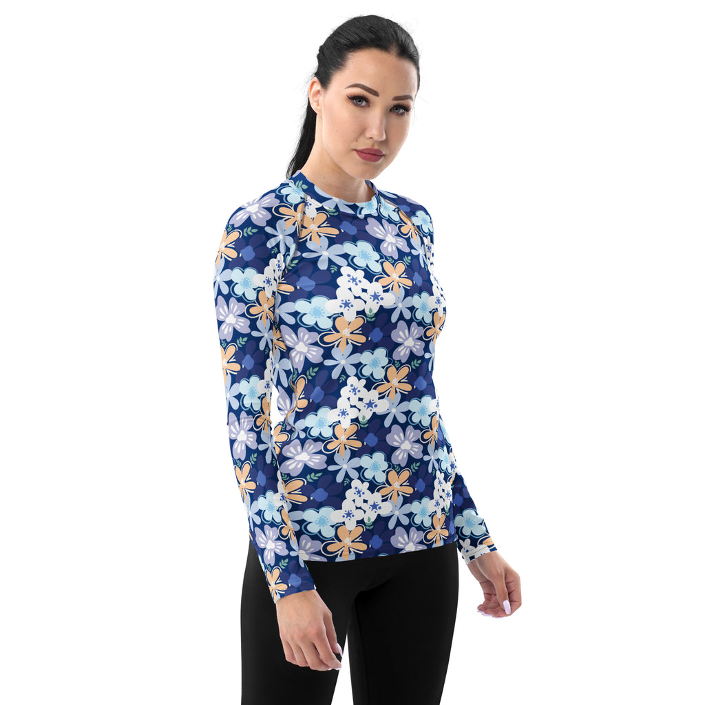 Women's Tropical Blue Floral Long Sleeve Rash Guard Swim Shirt – Buttery Soft, Sun Safe UPF 50+ Protection, Quick Dry & 4-Way Stretch Comfort