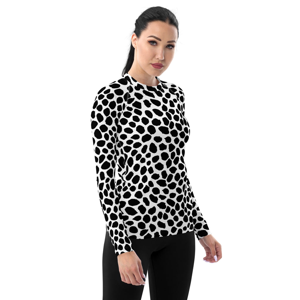 Women's Black & White Spotted Animal Print Long Sleeve Rash Guard Swim Shirt – Buttery Soft, Sun Safe UPF 50+ Protection, Quick Dry & 4-Way Stretch Comfort