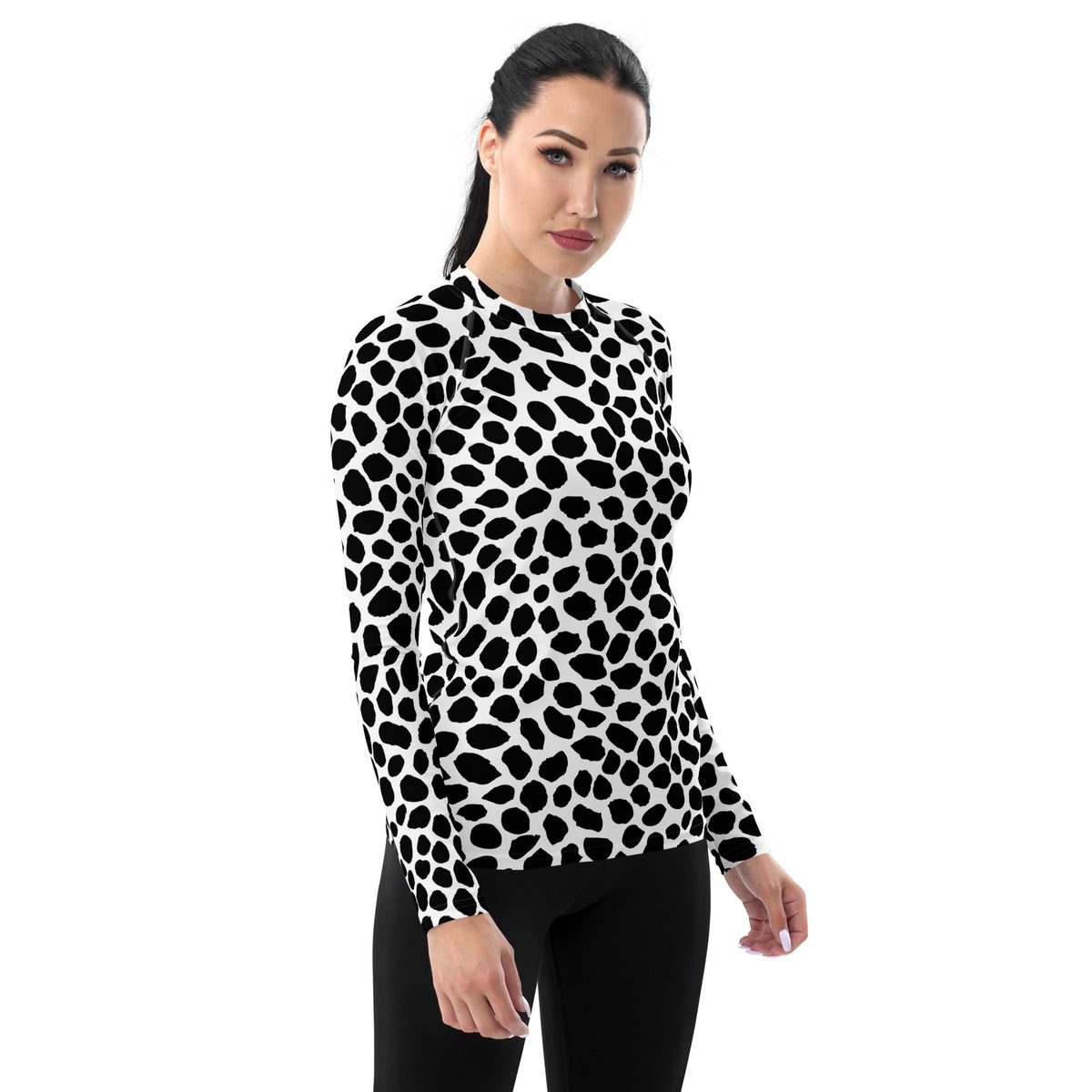 Women's Black & White Spotted Animal Print Long Sleeve Rash Guard Swim Shirt – Buttery Soft, Sun Safe UPF 50+ Protection, Quick Dry & 4-Way Stretch Comfort