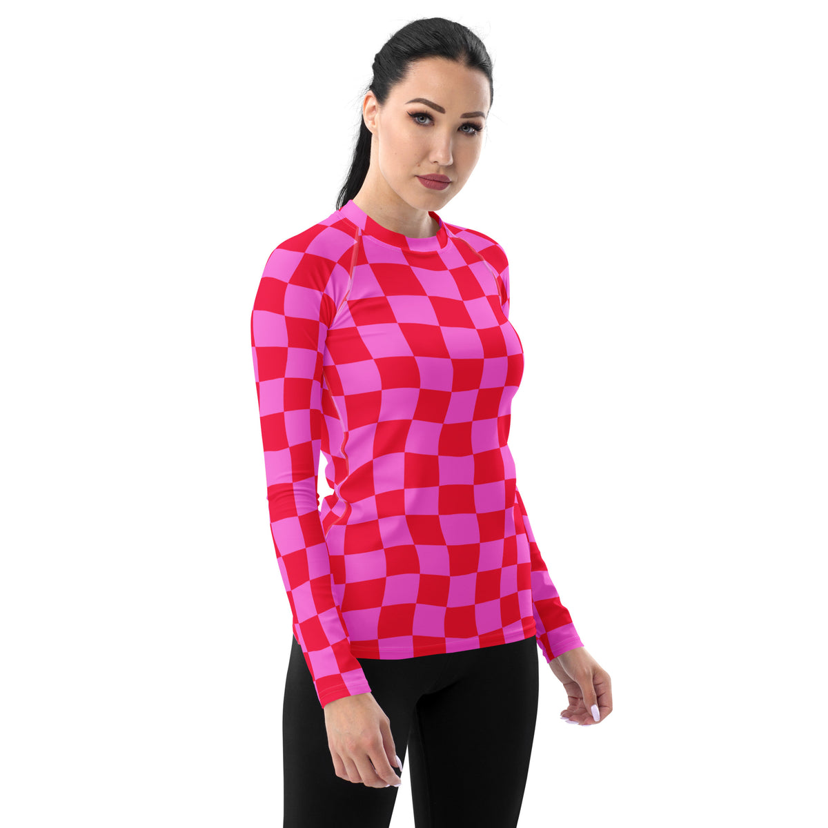 Women's Neon Wavy Pink Checkerboard Long Sleeve Rash Guard Swim Shirt – Buttery Soft, Sun Safe UPF 50+ Protection, Quick Dry & 4-Way Stretch Comfort