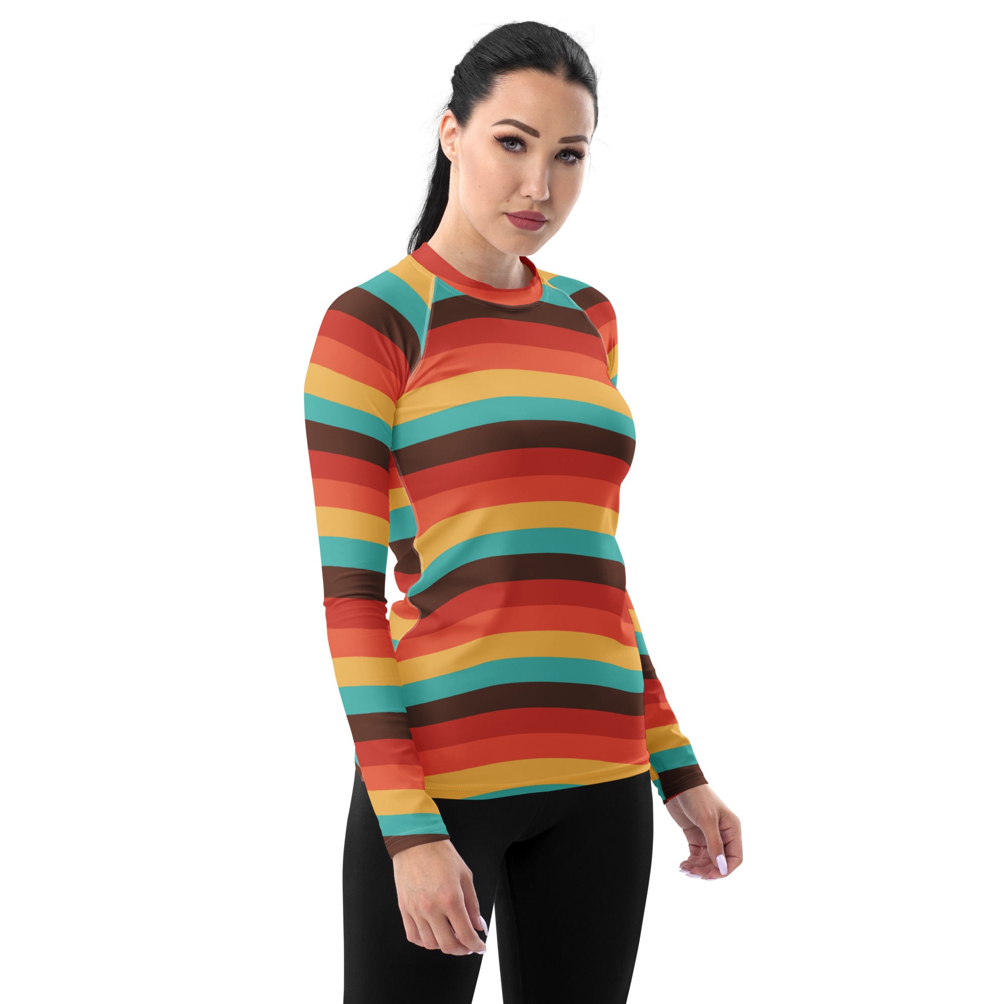 Women's Teal Orange Brown & Yellow Wavy Stripe Long Sleeve Rash Guard Swim Shirt – Buttery Soft, Sun Safe UPF 50+ Protection, Quick Dry & 4-Way Stretch Comfort