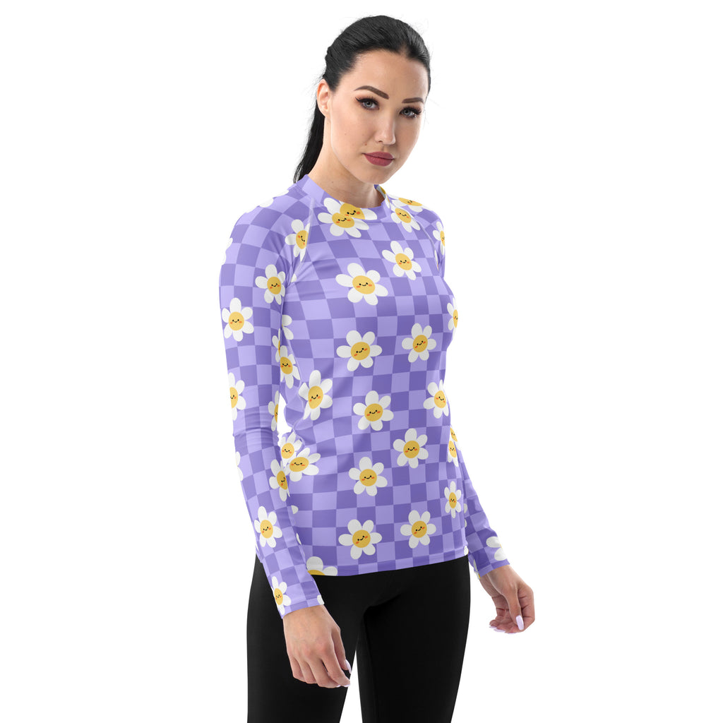 Women's Purple Checkerboard Daisy Long Sleeve Rash Guard Swim Shirt – Buttery Soft, Sun Safe UPF 50+ Protection, Quick Dry & 4-Way Stretch Comfort