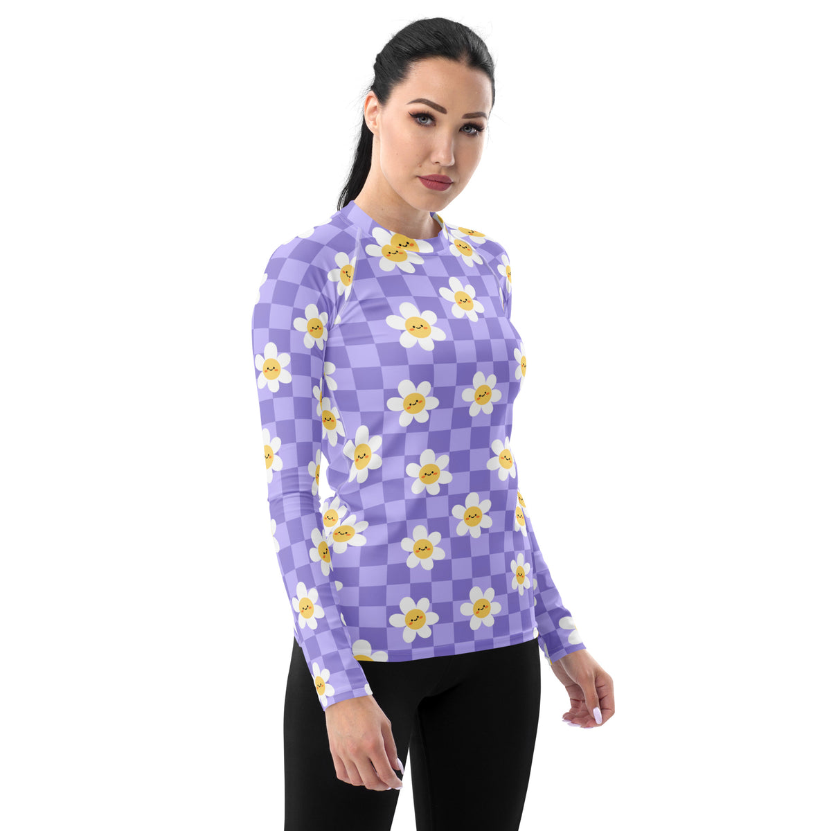 Women's Purple Checkerboard Daisy Long Sleeve Rash Guard Swim Shirt – Buttery Soft, Sun Safe UPF 50+ Protection, Quick Dry & 4-Way Stretch Comfort