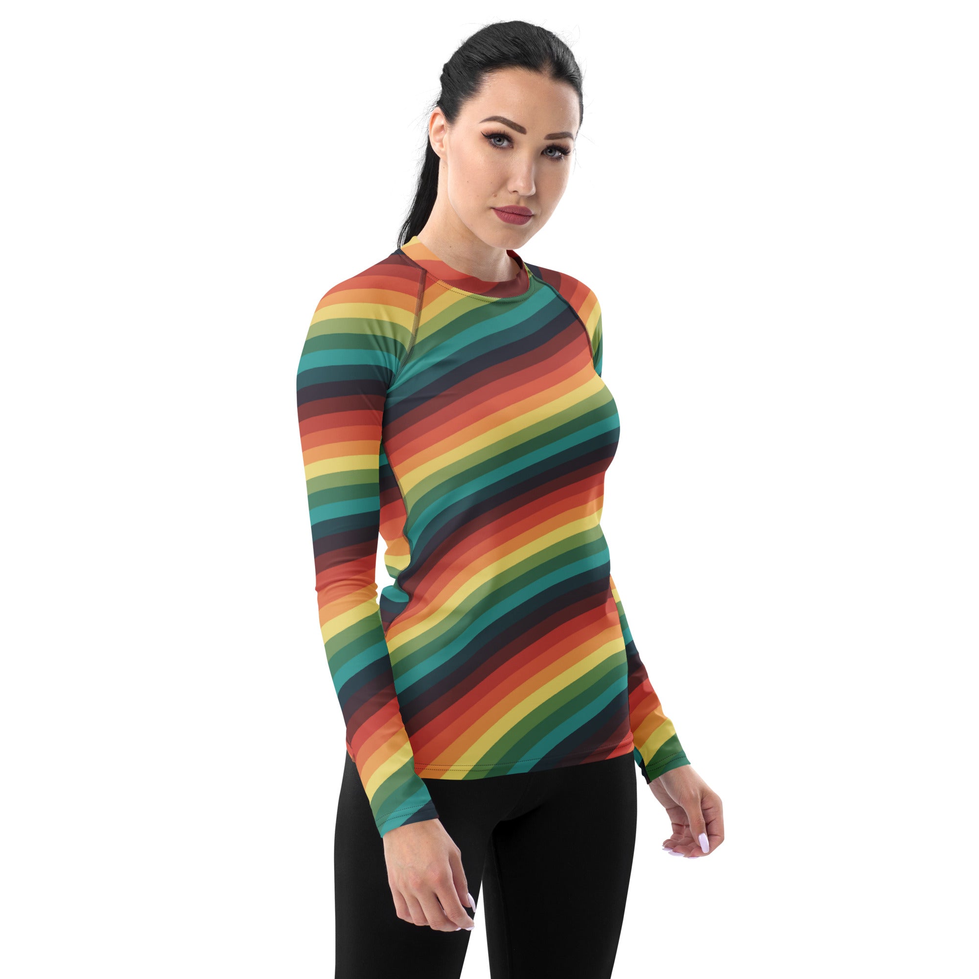 Women's Vintage Rainbow Stripe Long Sleeve Rash Guard Swim Shirt – Buttery Soft, Sun Safe UPF 50+ Protection, Quick Dry & 4-Way Stretch Comfort