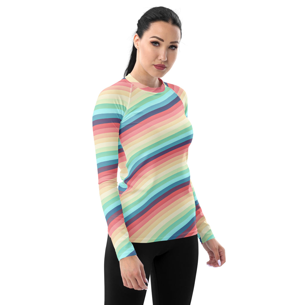 Women's Bright Rainbow Vintage Stripe Long Sleeve Rash Guard Swim Shirt – Buttery Soft, Sun Safe UPF 50+ Protection, Quick Dry & 4-Way Stretch Comfort