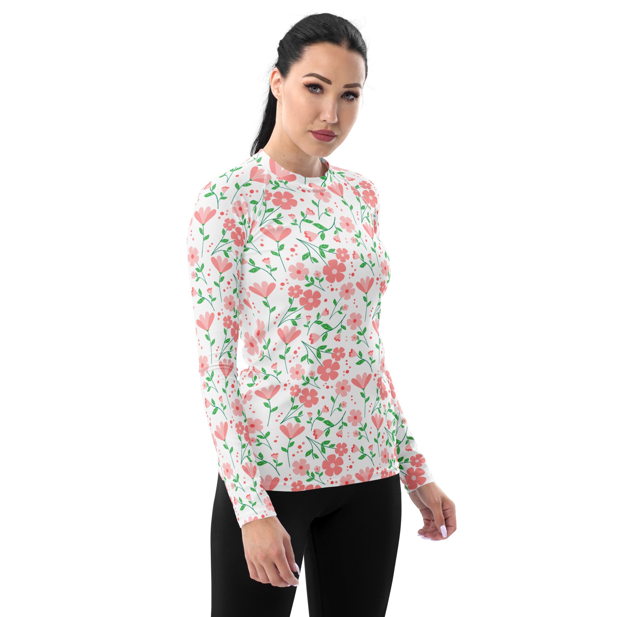 Women's Pink Dainty Flower Long Sleeve Rash Guard Swim Shirt – Buttery Soft, Sun Safe UPF 50+ Protection, Quick Dry & 4-Way Stretch Comfort