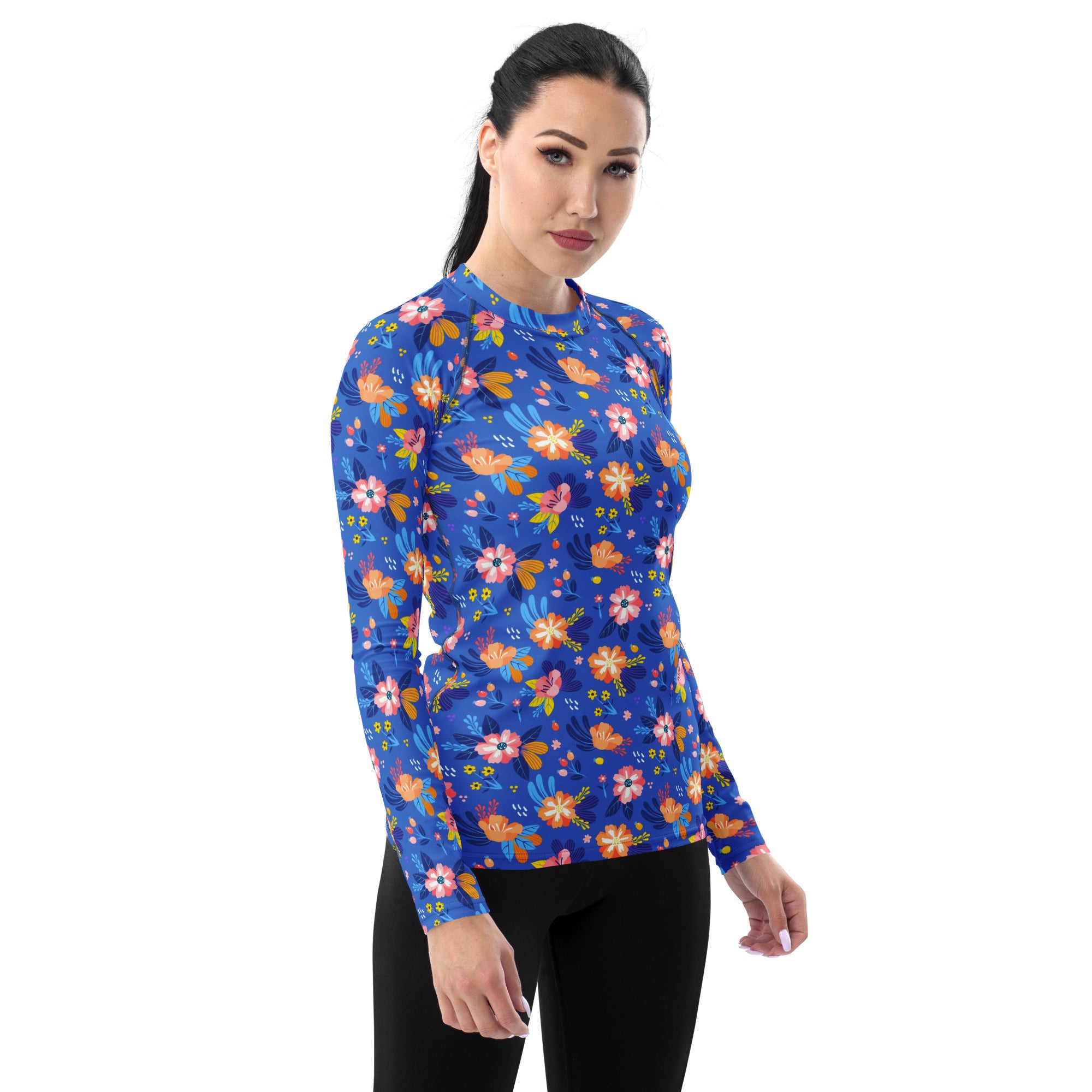 Women's Colorful Blue Floral Long Sleeve Rash Guard Swim Shirt – Buttery Soft, Sun Safe UPF 50+ Protection, Quick Dry & 4-Way Stretch Comfort