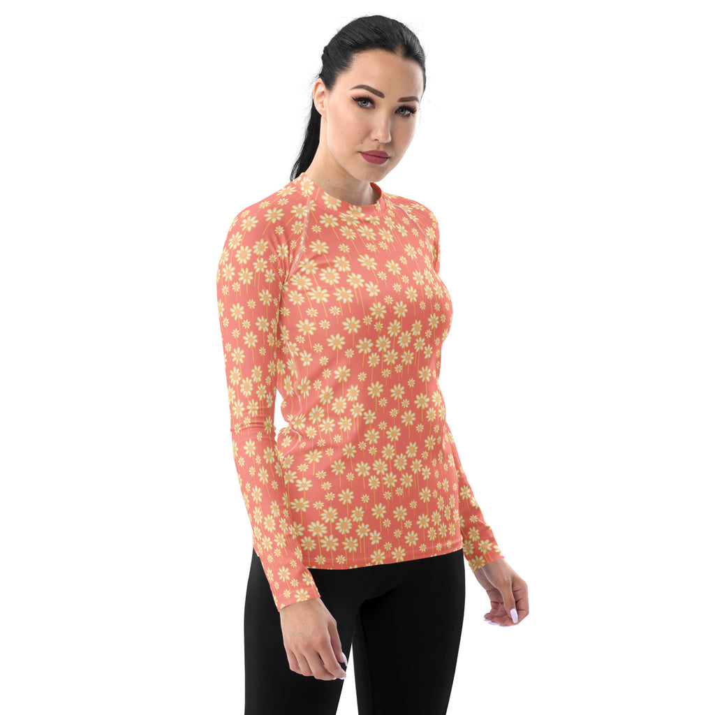 Women's Coral Daisy Long Sleeve Rash Guard Swim Shirt – Buttery Soft, Sun Safe UPF 50+ Protection, Quick Dry & 4-Way Stretch Comfort