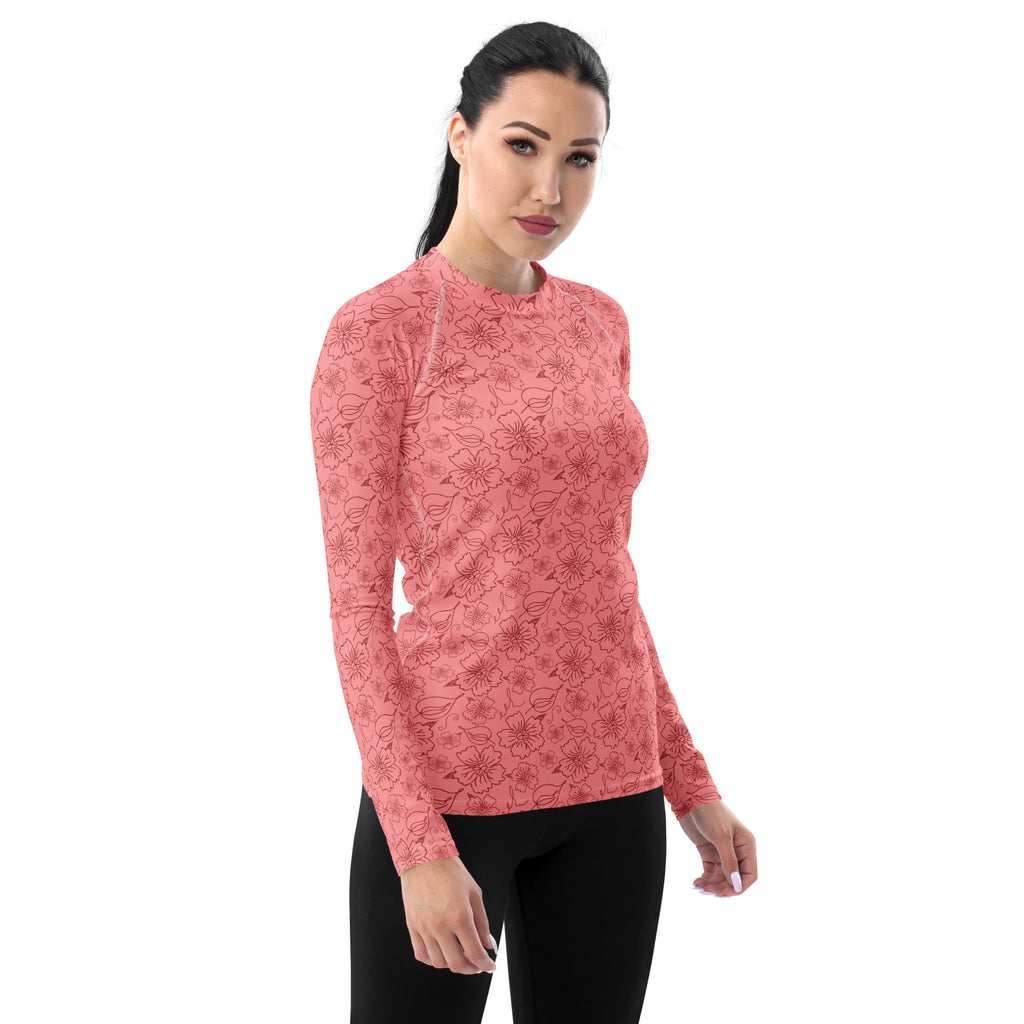 Women's Coral Pink Floral Long Sleeve Rash Guard Swim Shirt – Buttery Soft, Sun Safe UPF 50+ Protection, Quick Dry & 4-Way Stretch Comfort