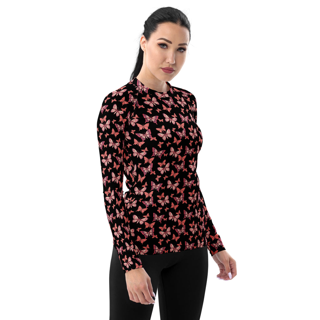 Women's Pink Butterfly Long Sleeve Rash Guard Swim Shirt – Buttery Soft, Sun Safe UPF 50+ Protection, Quick Dry & 4-Way Stretch Comfort