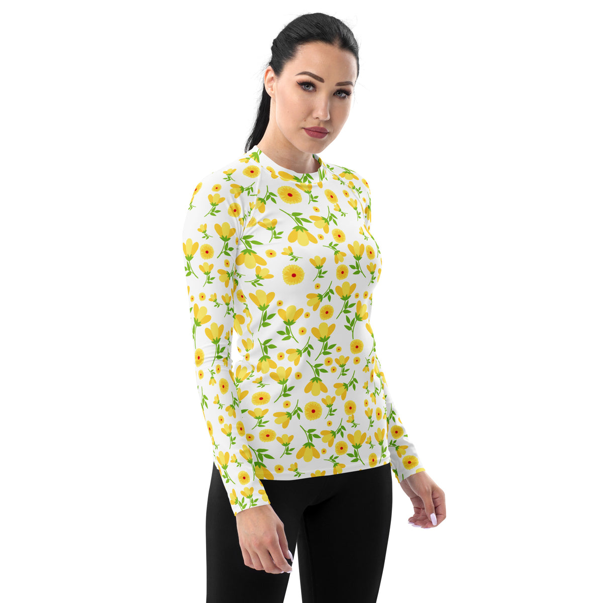Women's Yellow Floral Wildflower Long Sleeve Rash Guard Swim Shirt – Buttery Soft, Sun Safe UPF 50+ Protection, Quick Dry & 4-Way Stretch Comfort