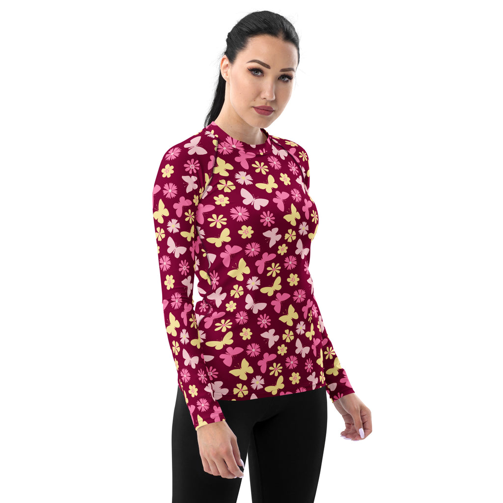 Women's Burgundy Pink Floral Butterfly Long Sleeve Rash Guard Swim Shirt – Buttery Soft, Sun Safe UPF 50+ Protection, Quick Dry & 4-Way Stretch Comfort