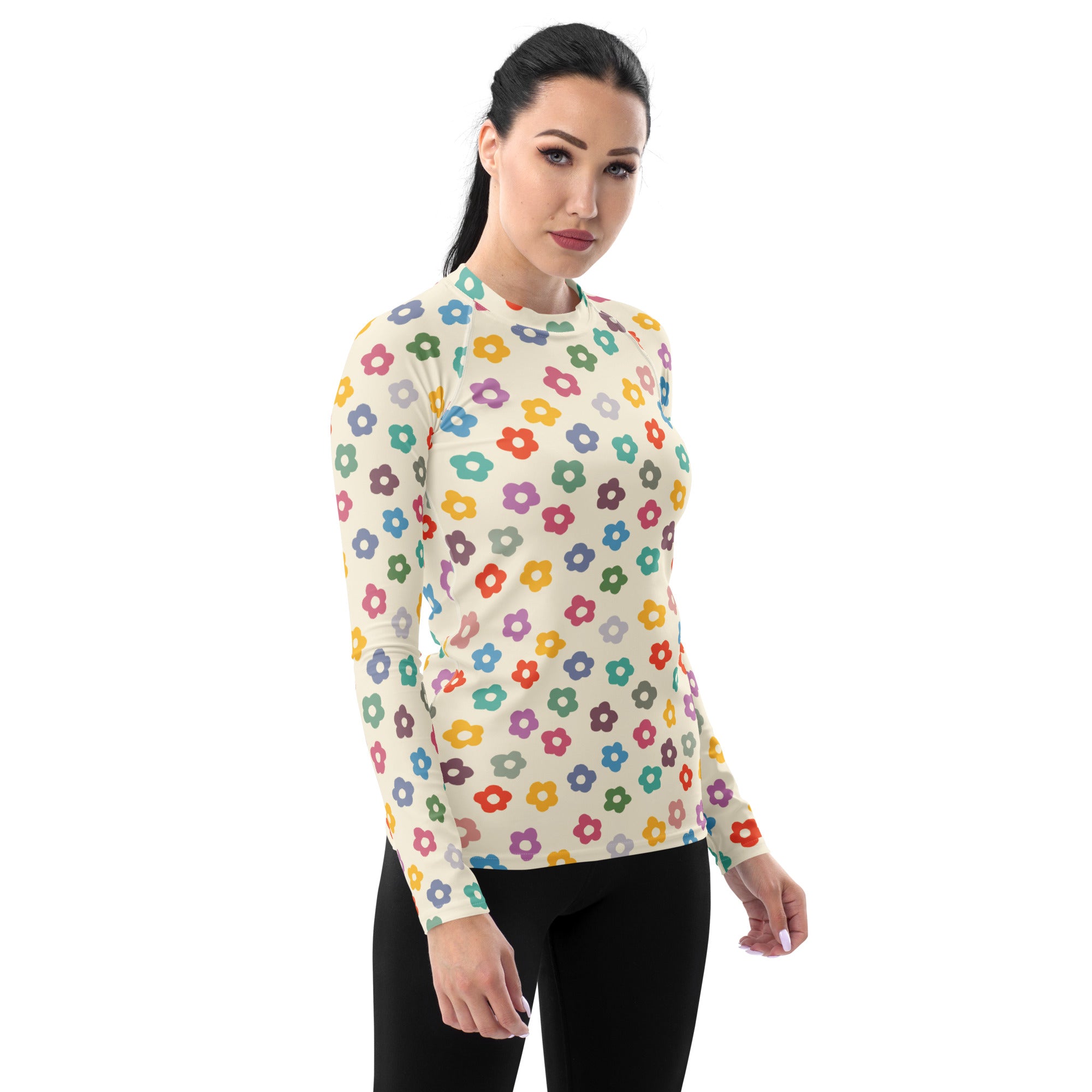 Women's Multicolor Retro Flower Long Sleeve Rash Guard Swim Shirt – Buttery Soft, Sun Safe UPF 50+ Protection, Quick Dry & 4-Way Stretch Comfort