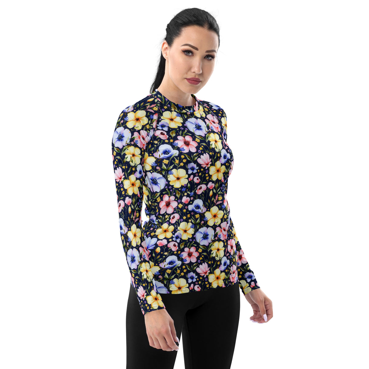 Women's Navy Watercolor Wildflower Long Sleeve Rash Guard Swim Shirt – Buttery Soft, Sun Safe UPF 50+ Protection, Quick Dry & 4-Way Stretch Comfort