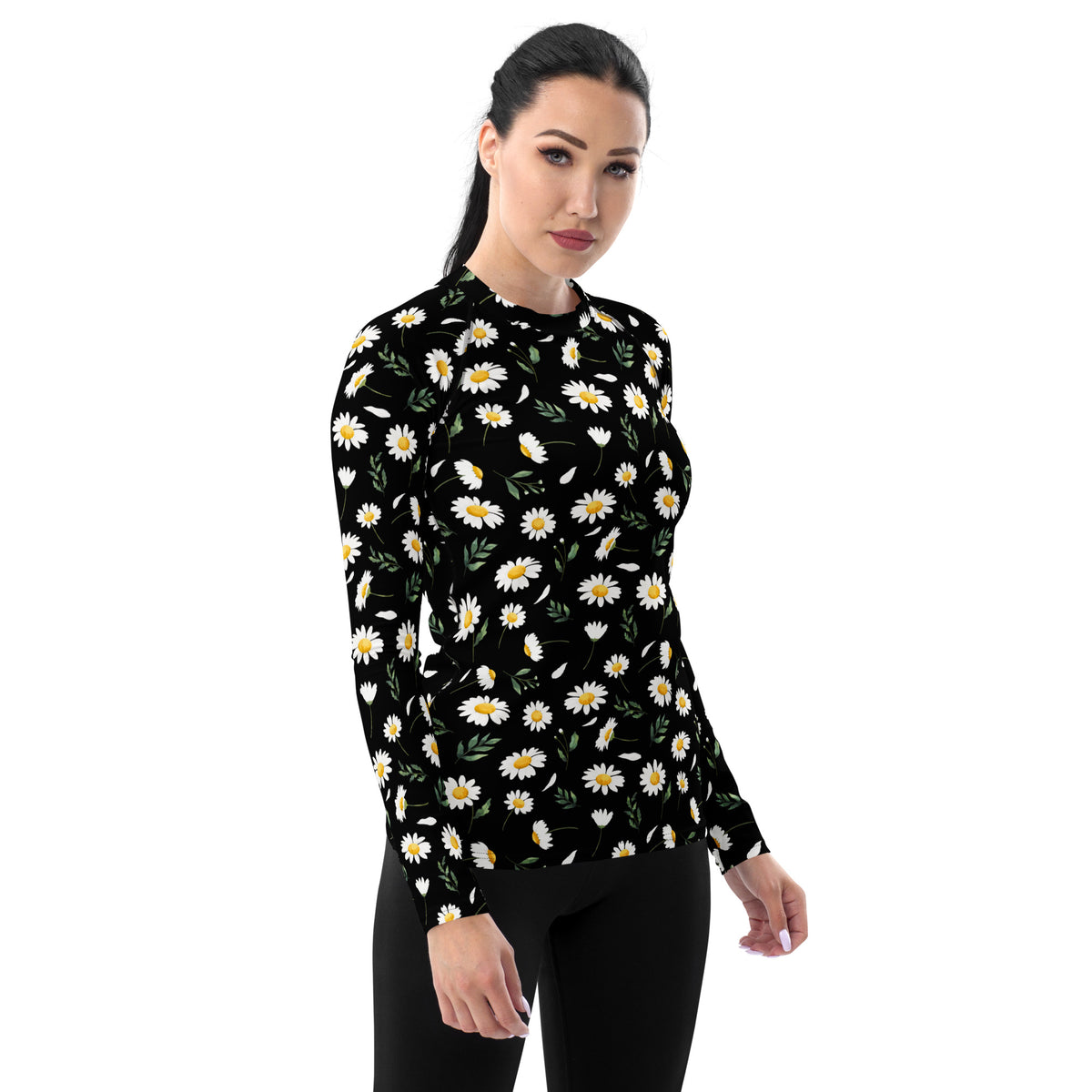 Women's Black Daisy Long Sleeve Rash Guard Swim Shirt – Buttery Soft, Sun Safe UPF 50+ Protection, Quick Dry & 4-Way Stretch Comfort