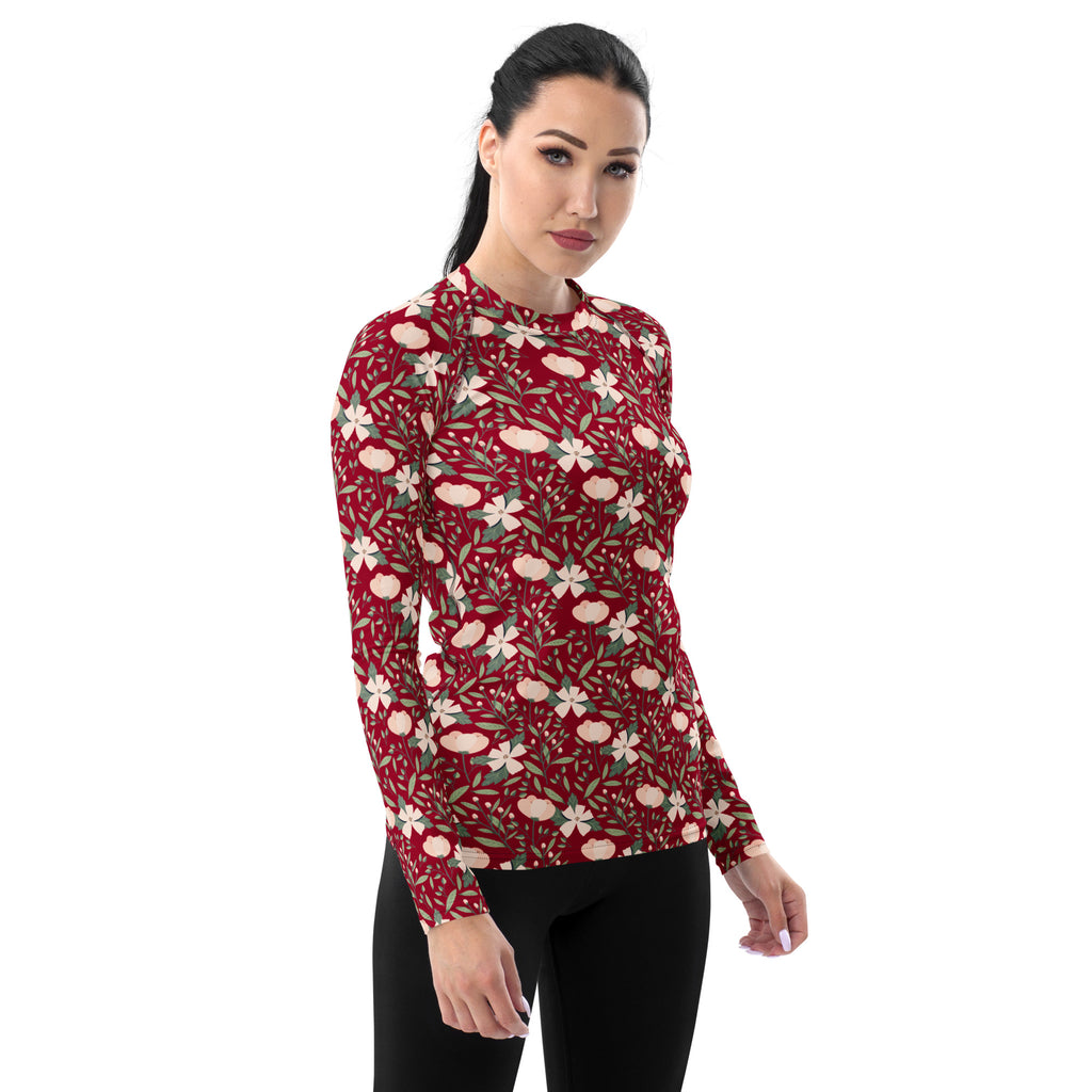 Women's Dark Red Floral Long Sleeve Rash Guard Swim Shirt – Buttery Soft, Sun Safe UPF 50+ Protection, Quick Dry & 4-Way Stretch Comfort