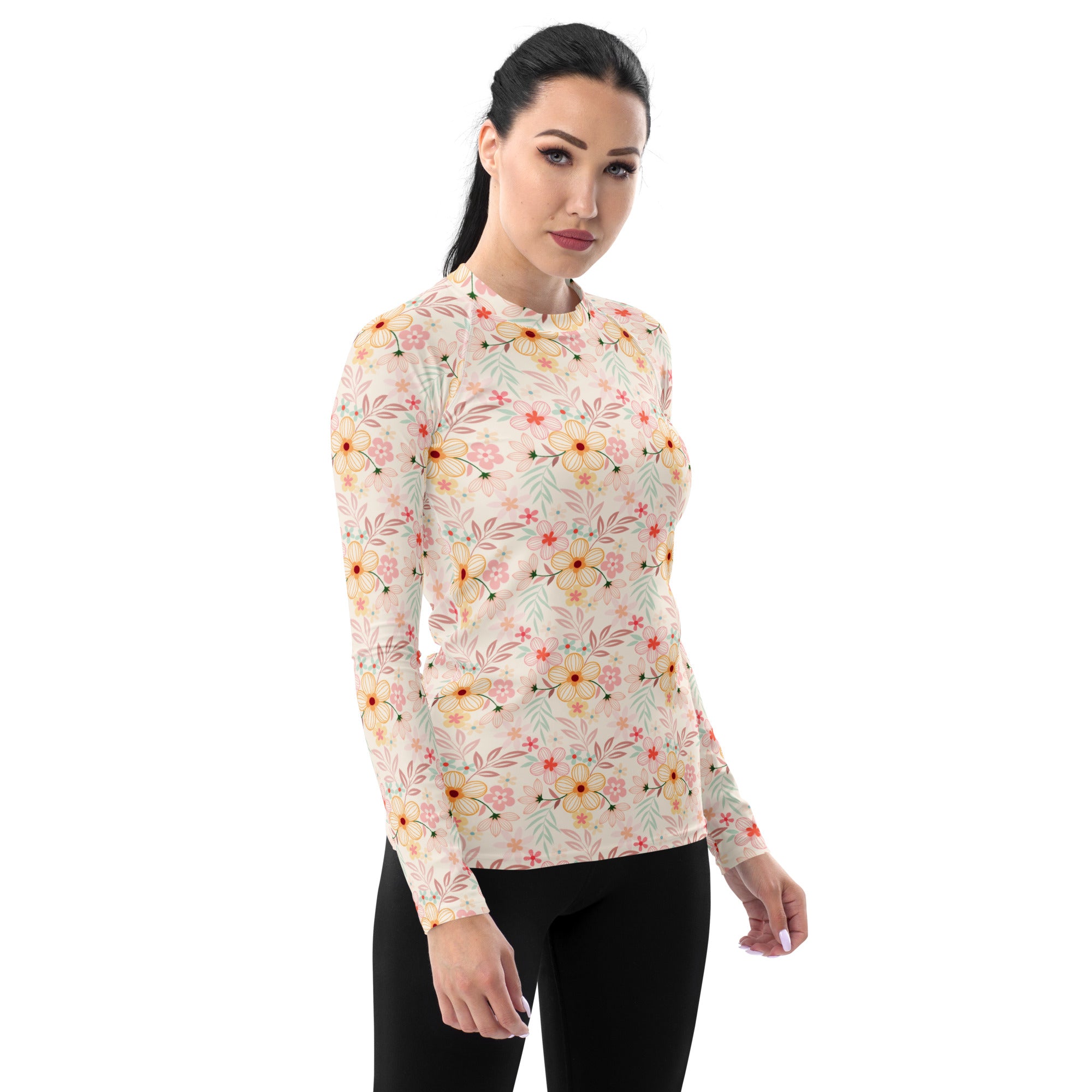 Women's Pastel Pink Wildflower Long Sleeve Rash Guard Swim Shirt – Buttery Soft, Sun Safe UPF 50+ Protection, Quick Dry & 4-Way Stretch Comfort