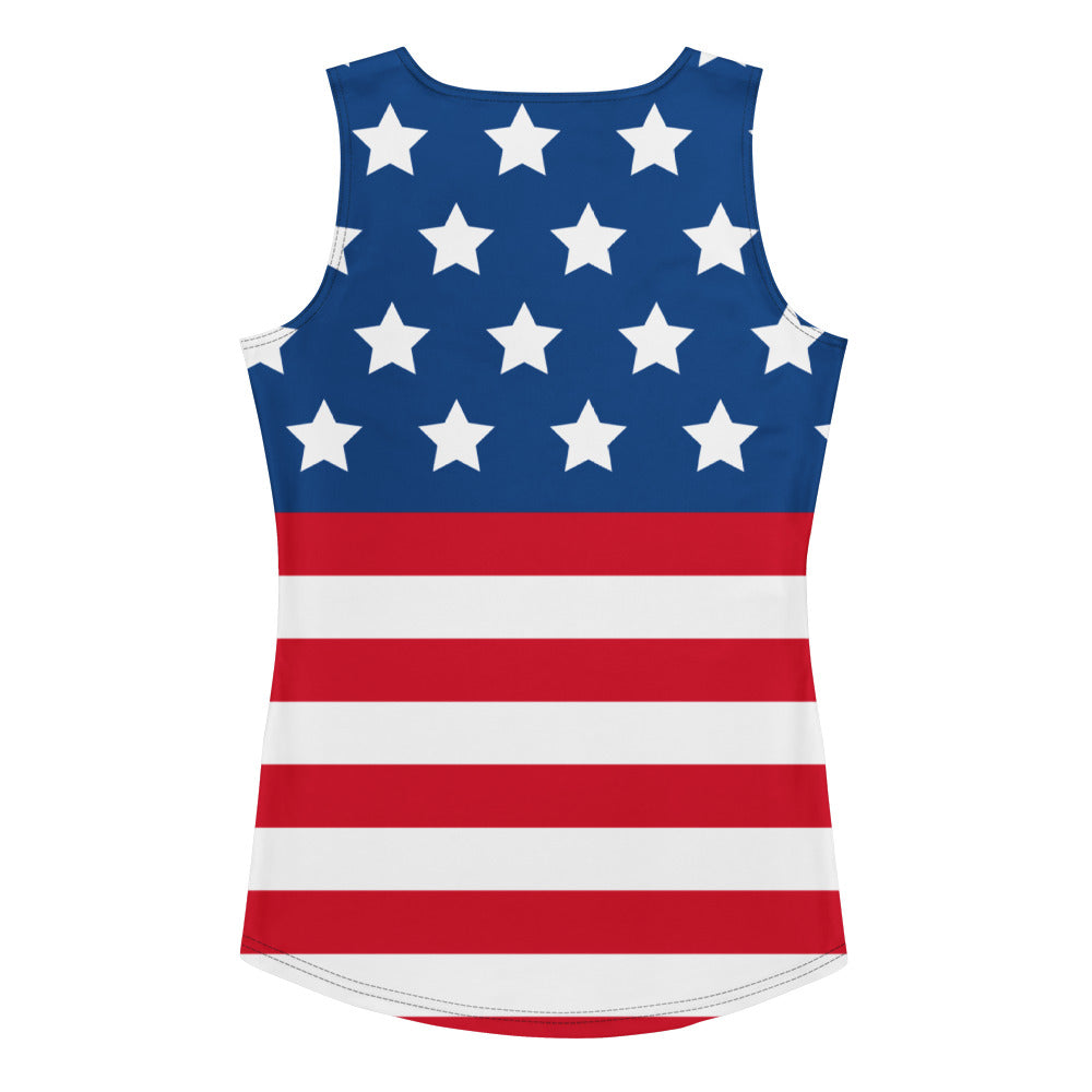 Women’s american flag tank top with bold stars and stripes design quick drying buttery soft fabric upf 50+
