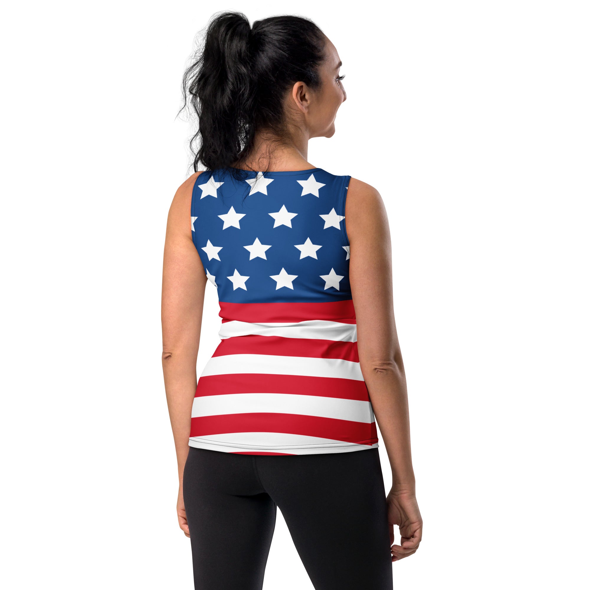 Women’s american flag tank top with full stars and stripes design quick drying buttery soft fabric upf 50 plus