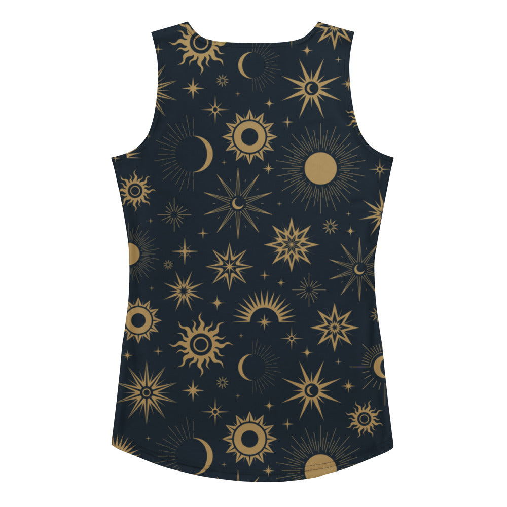 A navy blue womens sleeveless tank top with gold celestial suns moons and stars in quick drying buttery soft fabric