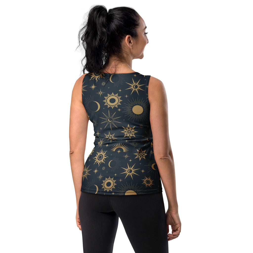 A dark navy women’s sleeveless tank top with gold celestial sun moon and stars pattern made of buttery soft quick drying fabric with UPF 50+