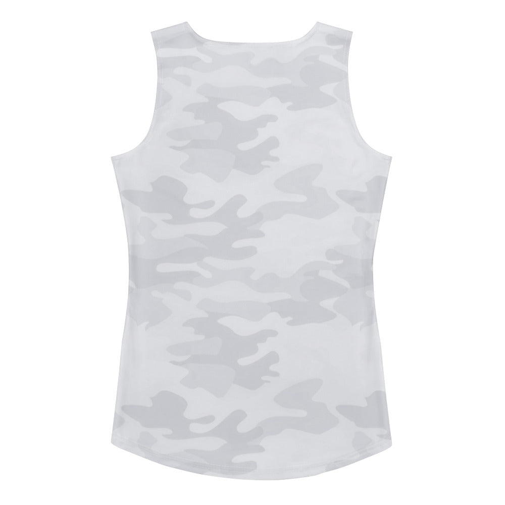 Women’s white sleeveless tank top with subtle gray camouflage pattern quick drying buttery soft fabric upf 50+